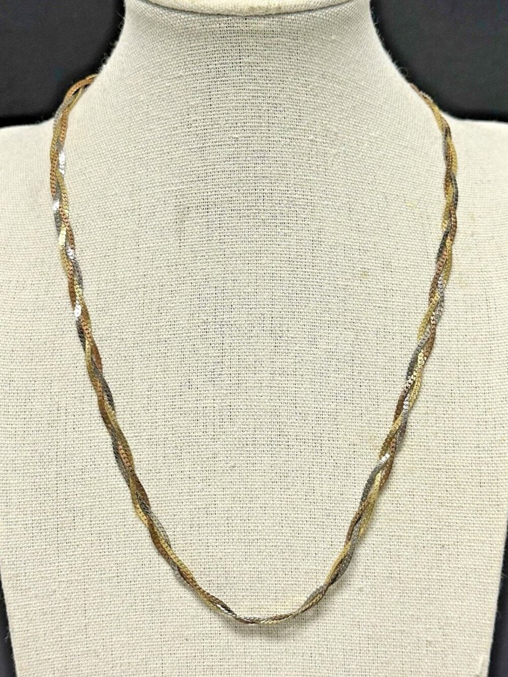 Vintage Tri Color Necklace Braided Herringbone Flat Chain Mixed Metal